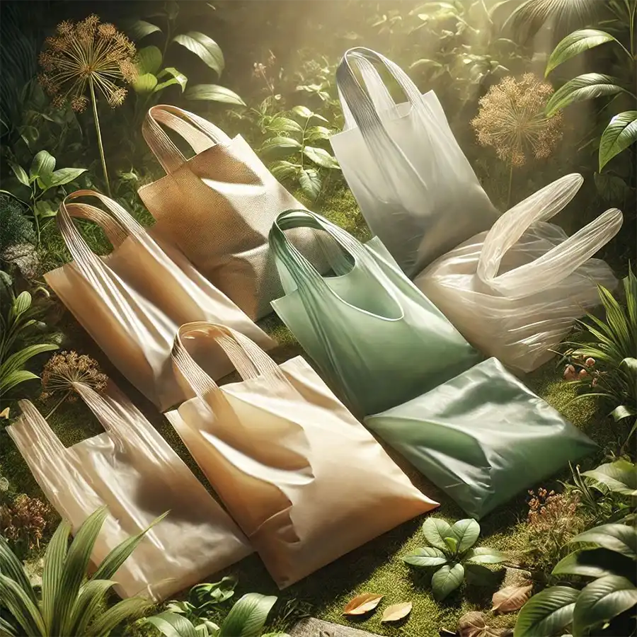 Biodegradable plastic bags in a natural setting, showcasing eco-friendly design and sustainability.